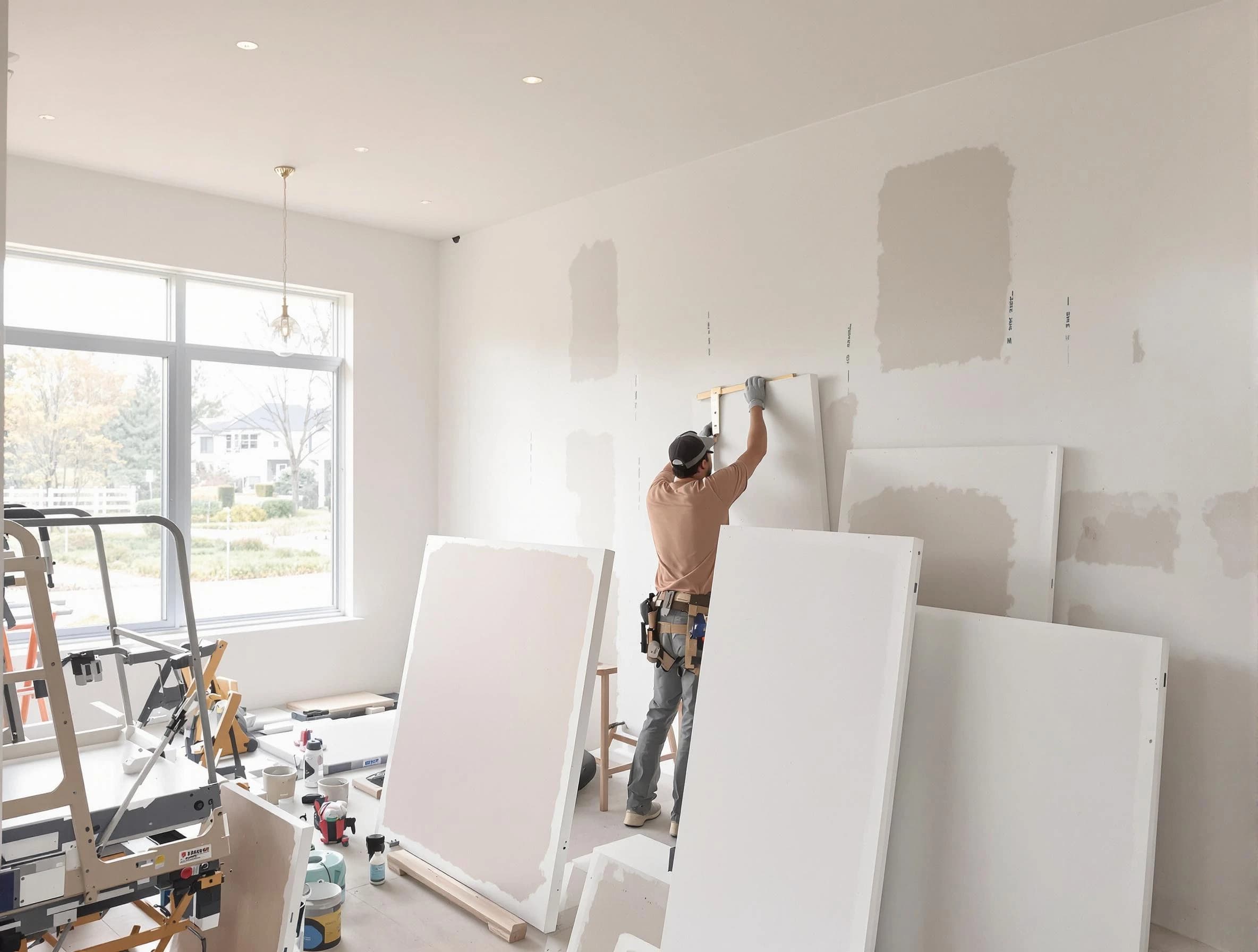 Eastlake House Painters precisely hanging drywall sheets in Eastlake, OH