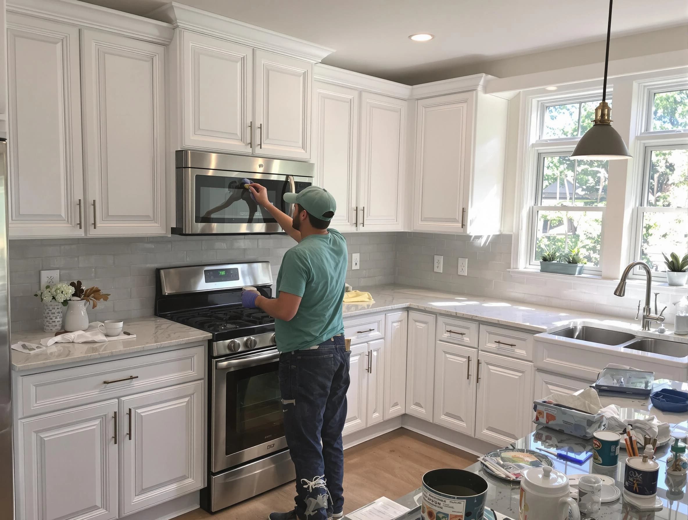 Kitchen cabinets being refinished by Eastlake House Painters in Eastlake, OH