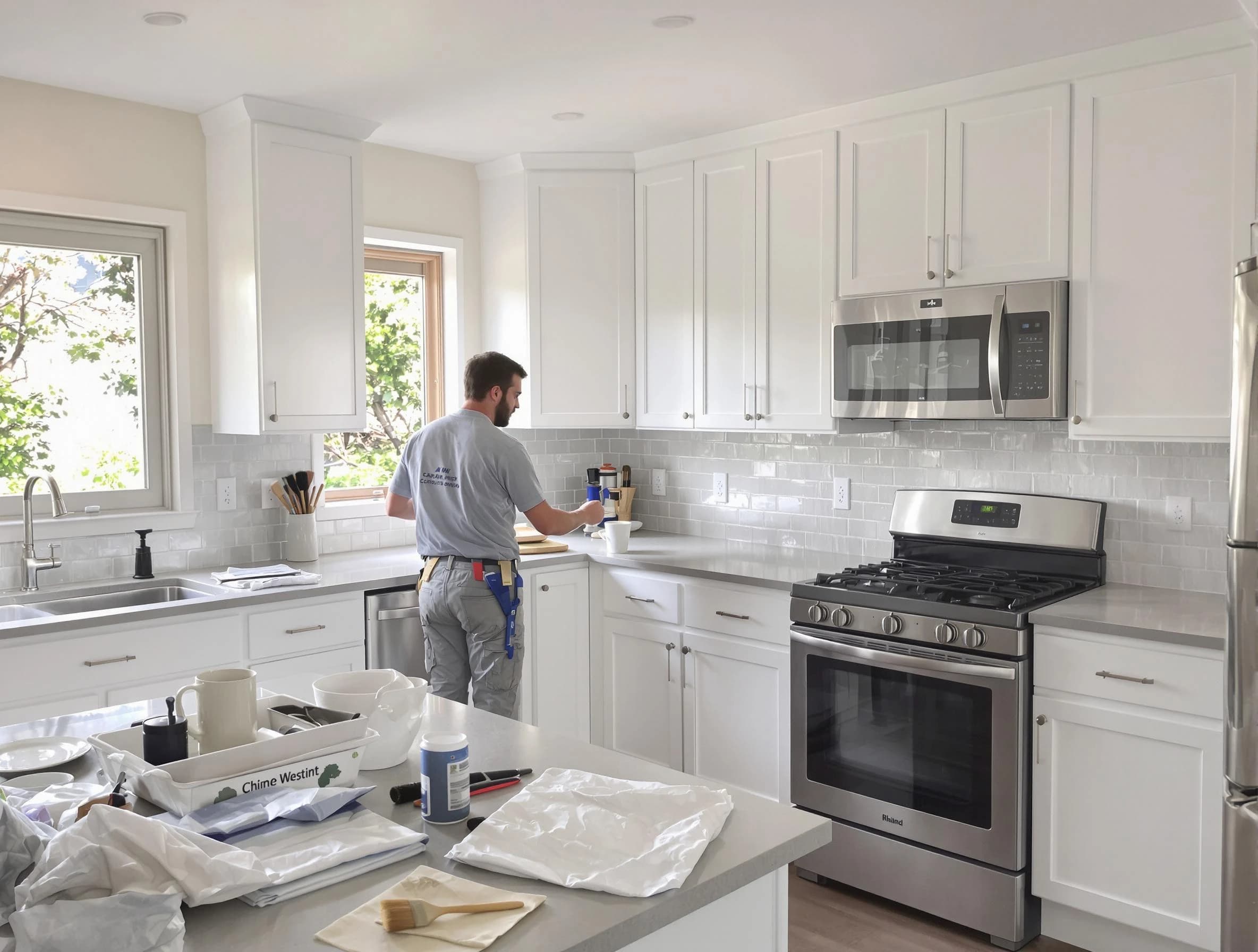 Eastlake House Painters applying fresh paint on kitchen cabinets in Eastlake