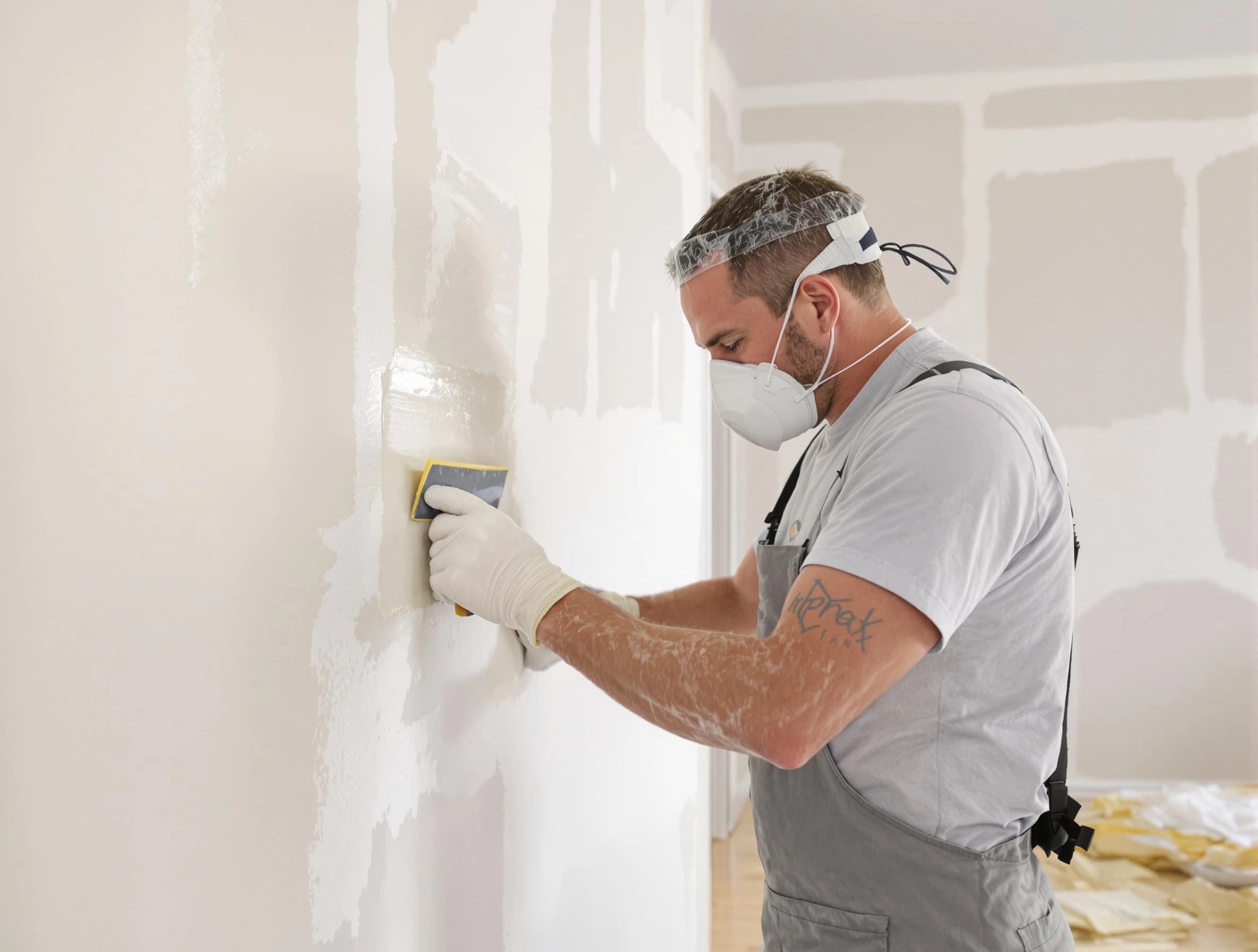 Eastlake House Painters technician applying mud to drywall seams in Eastlake, OH